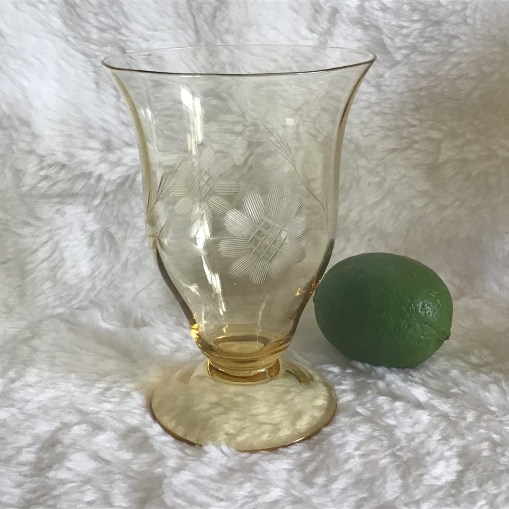 Five Cornflower Etched  Footed Tumbler Goblets  Glasses in Lancaster Yellow Hue